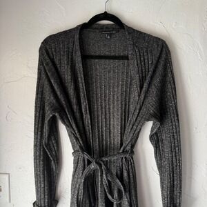 Signature Studio XL Gray Ribbed Knit Duster Cardigan Long Sleeve Belted Career